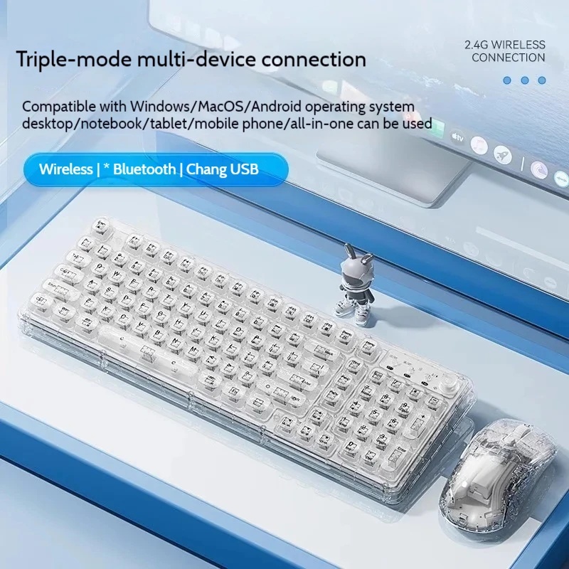 Keyboard Gaming Transparent - 透明な氷の結晶のようなワイヤレスBluetoothキーボードマウスコンボセット 静音RGBバックライト トリモード メカニカル風キーボード