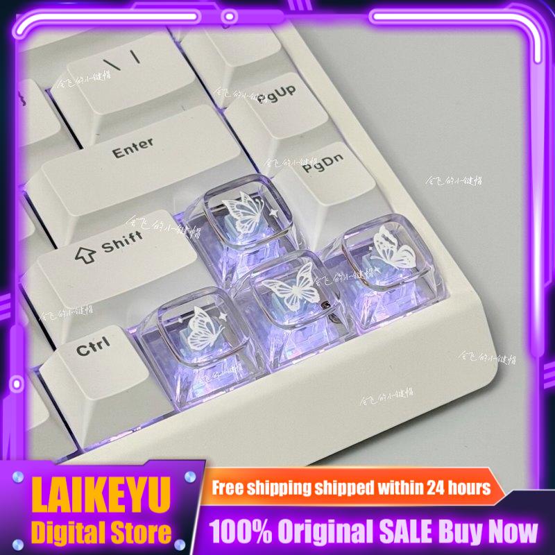 Keyboard Gaming Transparent - 透明な蝶をモチーフにしたキーキャップ、かわいいXDA高さのメカニカルキーボード、WASDキー、PCゲーミングキーボード、ギフト収集、カスタムキーキャップ