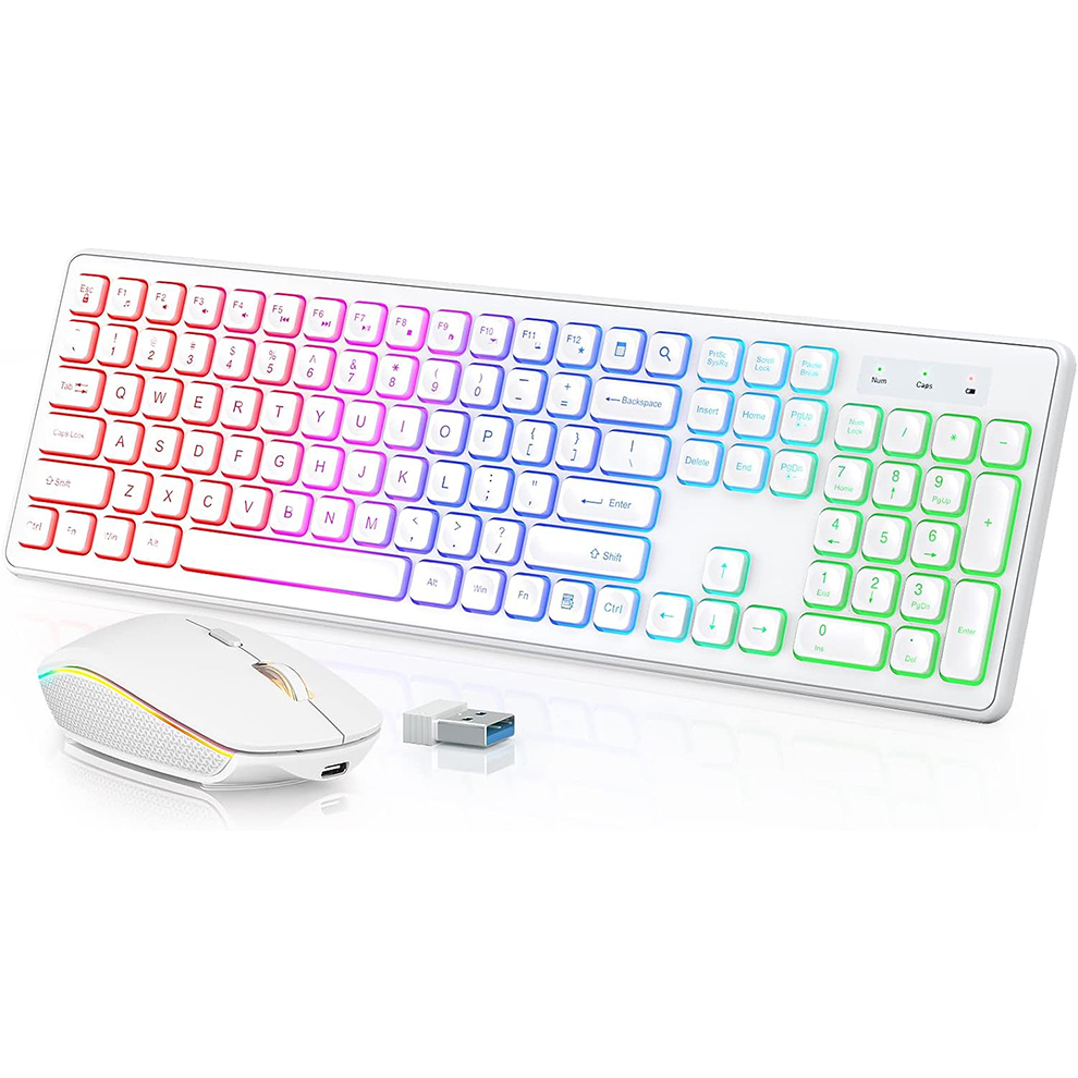 Gaming Keyboard And Mouse Combo - バックライト付きワイヤレスキーボードとマウス、静かなライトアップキー、傾斜脚、コンピュータ、PC、ラップトップ用の充電式USBコードレスコンボ